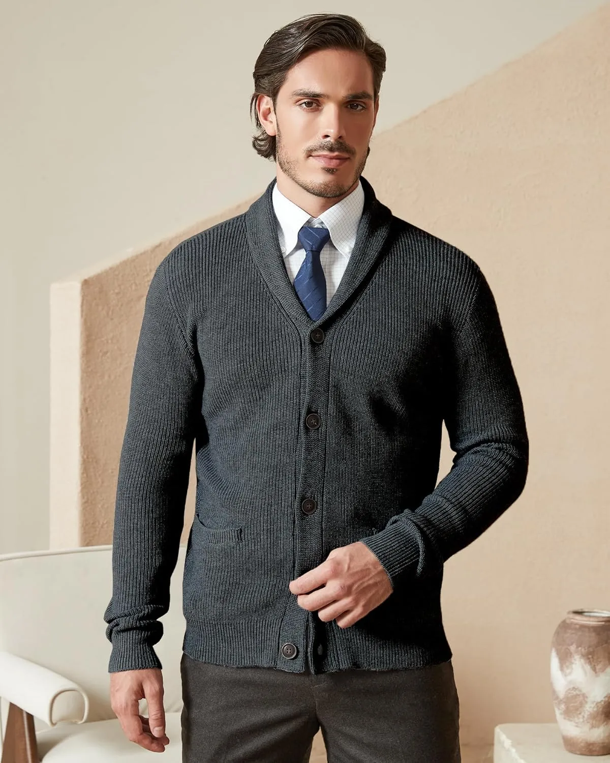 Kallspin Men's Wool Blend Shawl Collar Cardigan Sweater Button Down Knitwear with Pockets