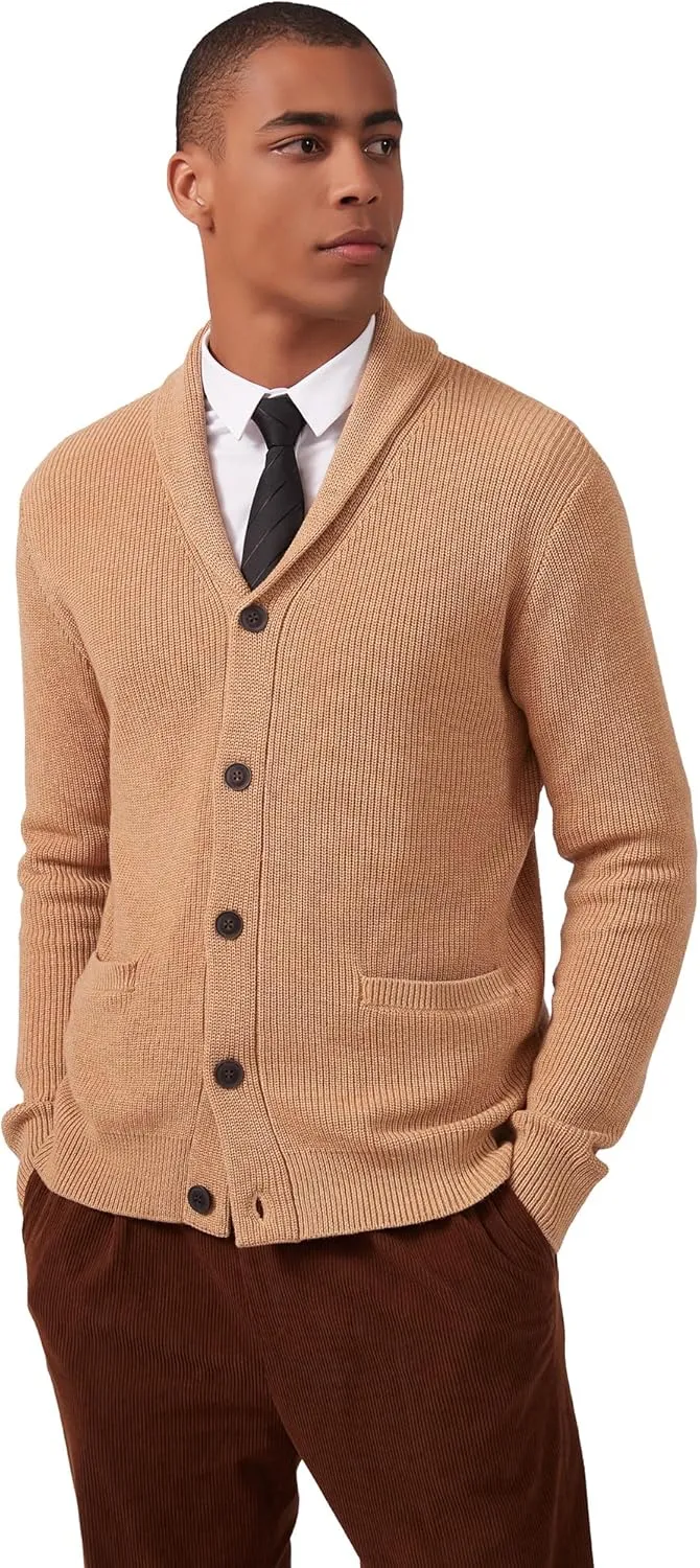 Kallspin Men's Wool Blend Shawl Collar Cardigan Sweater Button Down Knitwear with Pockets