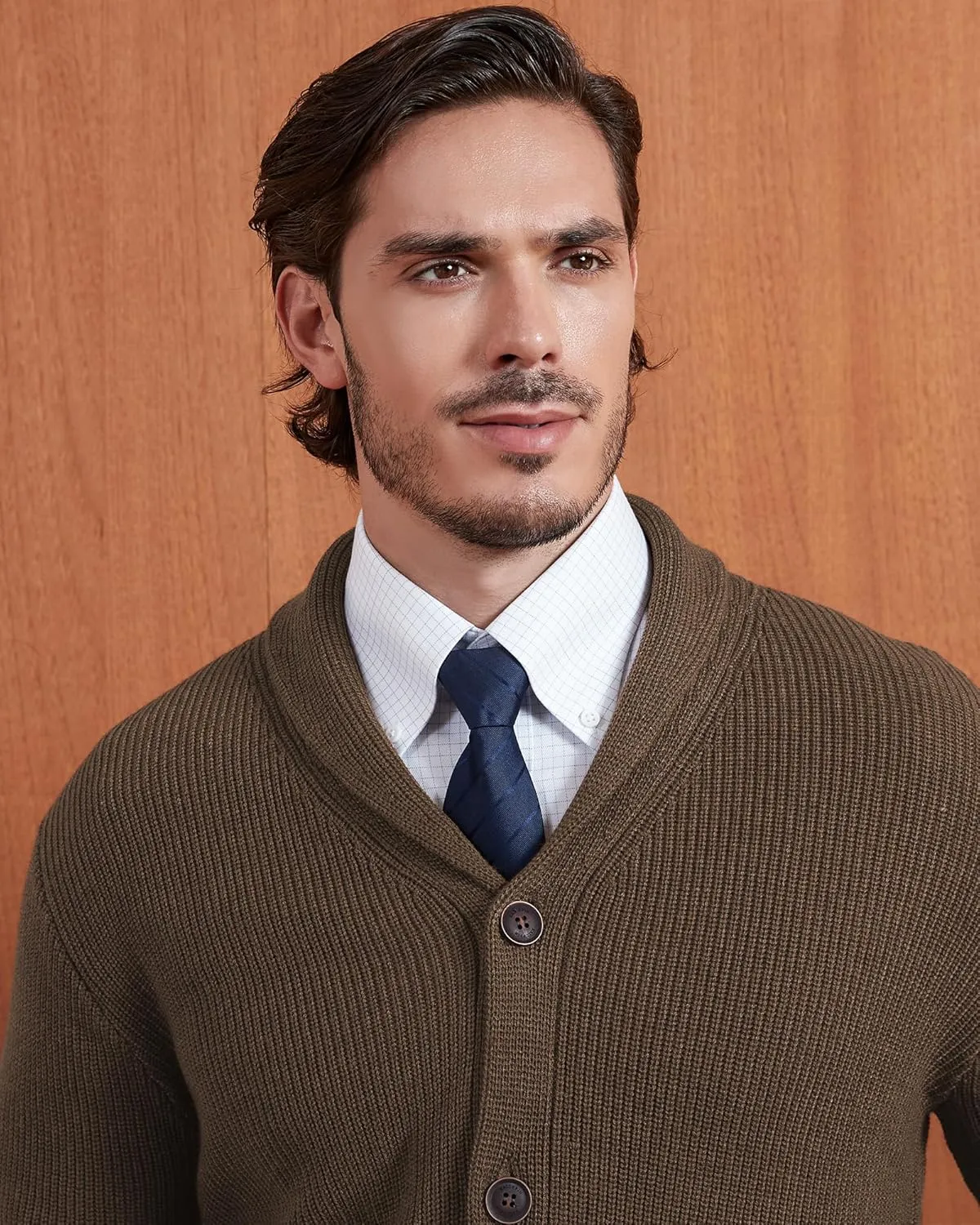 Kallspin Men's Wool Blend Shawl Collar Cardigan Sweater Button Down Knitwear with Pockets