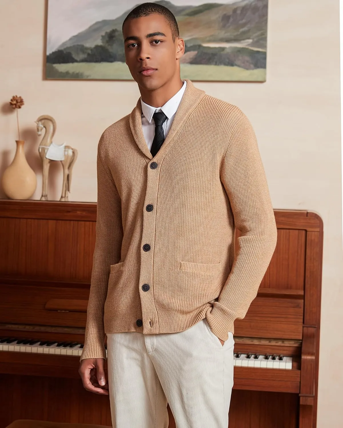 Kallspin Men's Wool Blend Shawl Collar Cardigan Sweater Button Down Knitwear with Pockets