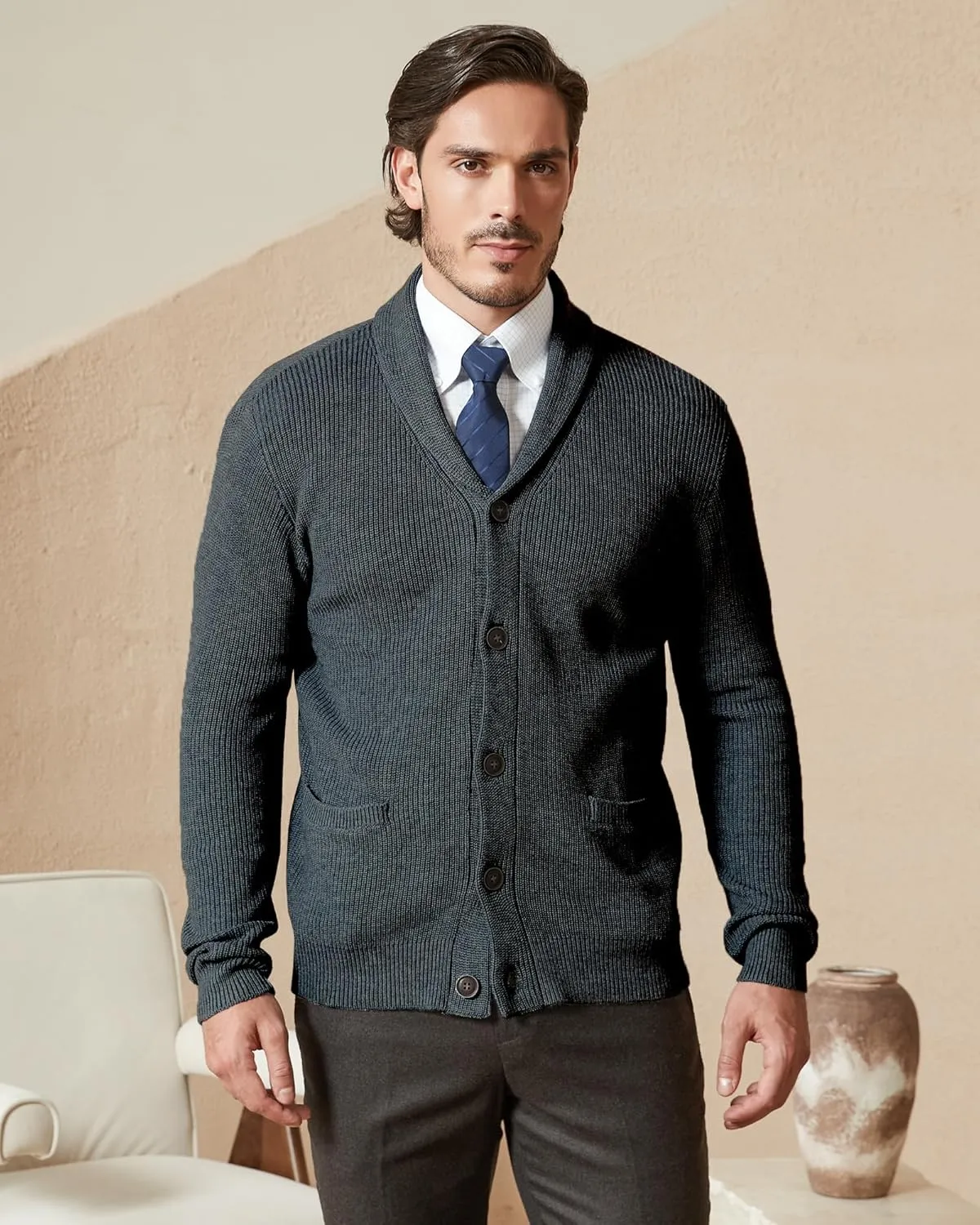 Kallspin Men's Wool Blend Shawl Collar Cardigan Sweater Button Down Knitwear with Pockets
