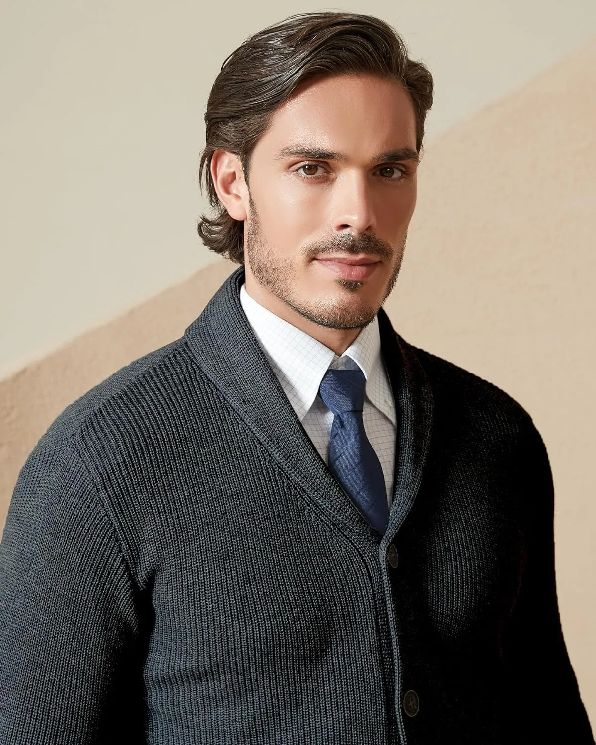 Kallspin Men's Wool Blend Shawl Collar Cardigan Sweater Button Down Knitwear with Pockets