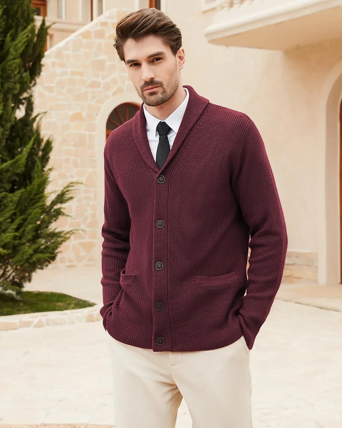 Kallspin Men's Wool Blend Shawl Collar Cardigan Sweater Button Down Knitwear with Pockets