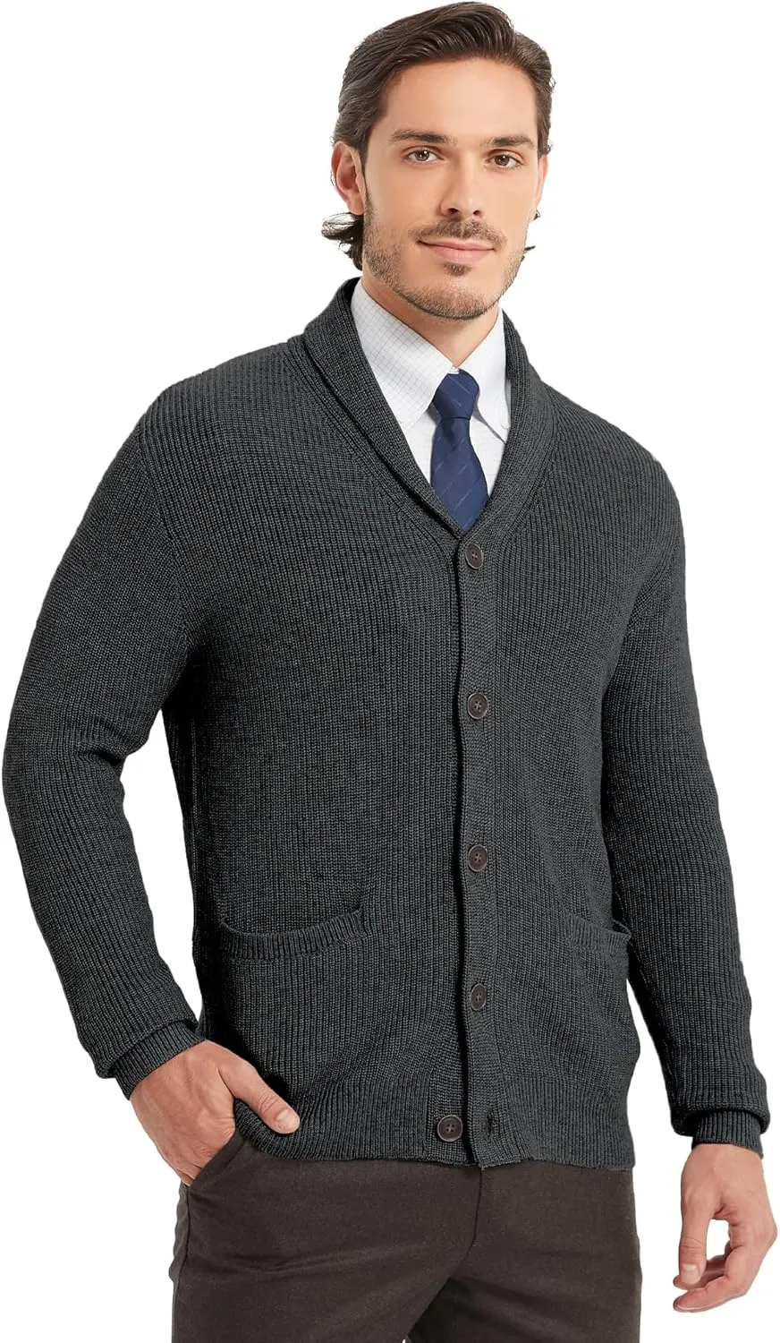 Kallspin Men's Wool Blend Shawl Collar Cardigan Sweater Button Down Knitwear with Pockets