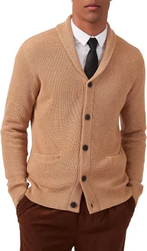 Kallspin Men's Wool Blend Shawl Collar Cardigan Sweater Button Down Knitwear with Pockets