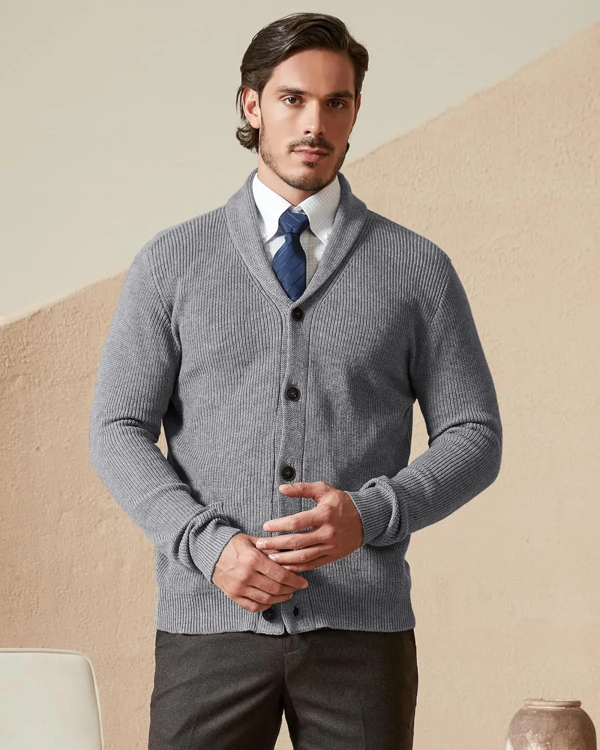 Kallspin Men's Wool Blend Shawl Collar Cardigan Sweater Button Down Knitwear with Pockets