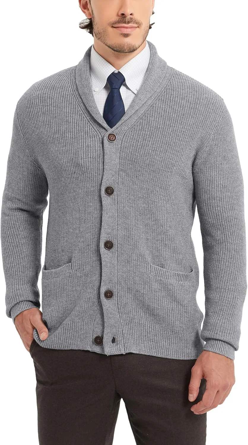 Kallspin Men's Wool Blend Shawl Collar Cardigan Sweater Button Down Knitwear with Pockets