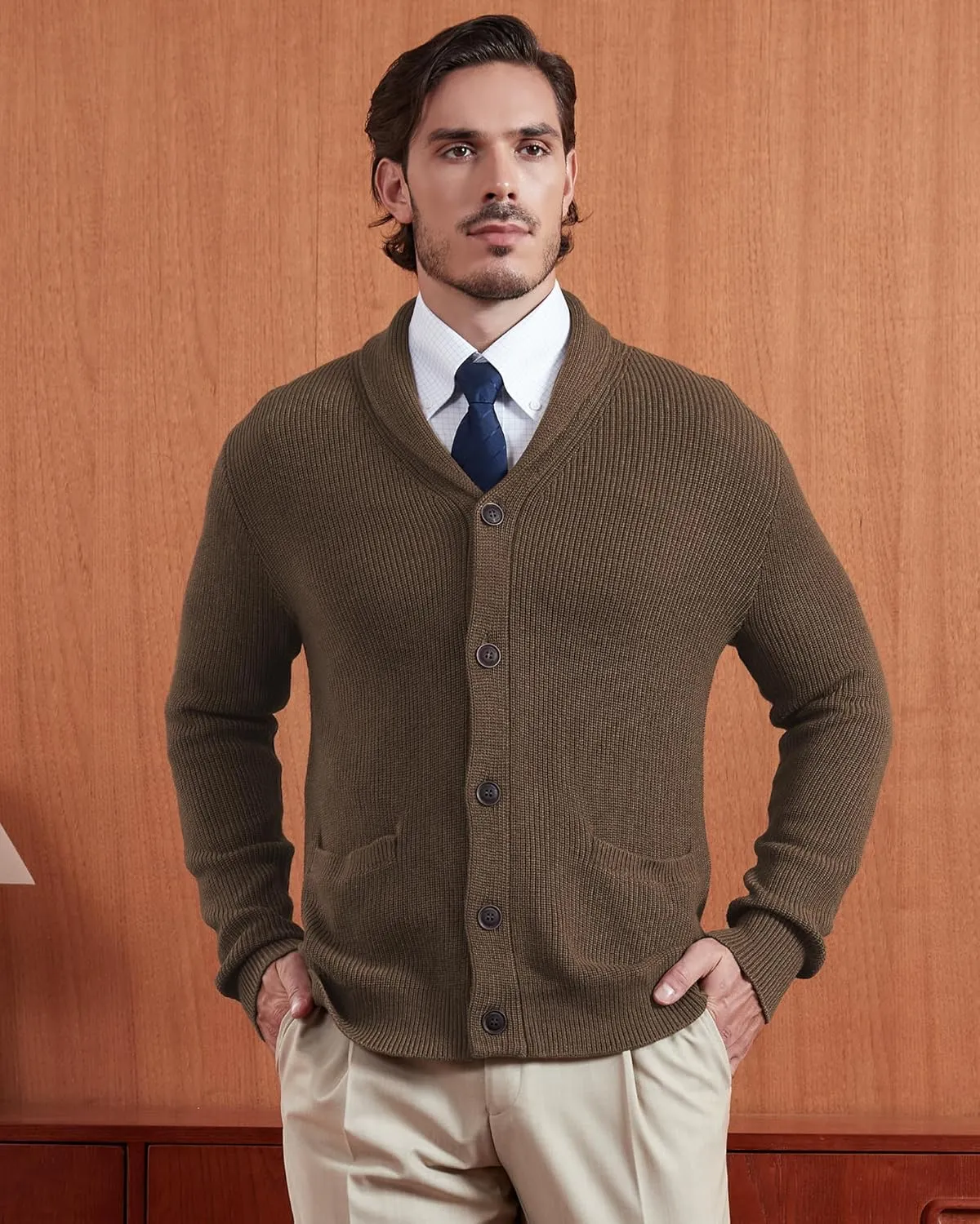Kallspin Men's Wool Blend Shawl Collar Cardigan Sweater Button Down Knitwear with Pockets