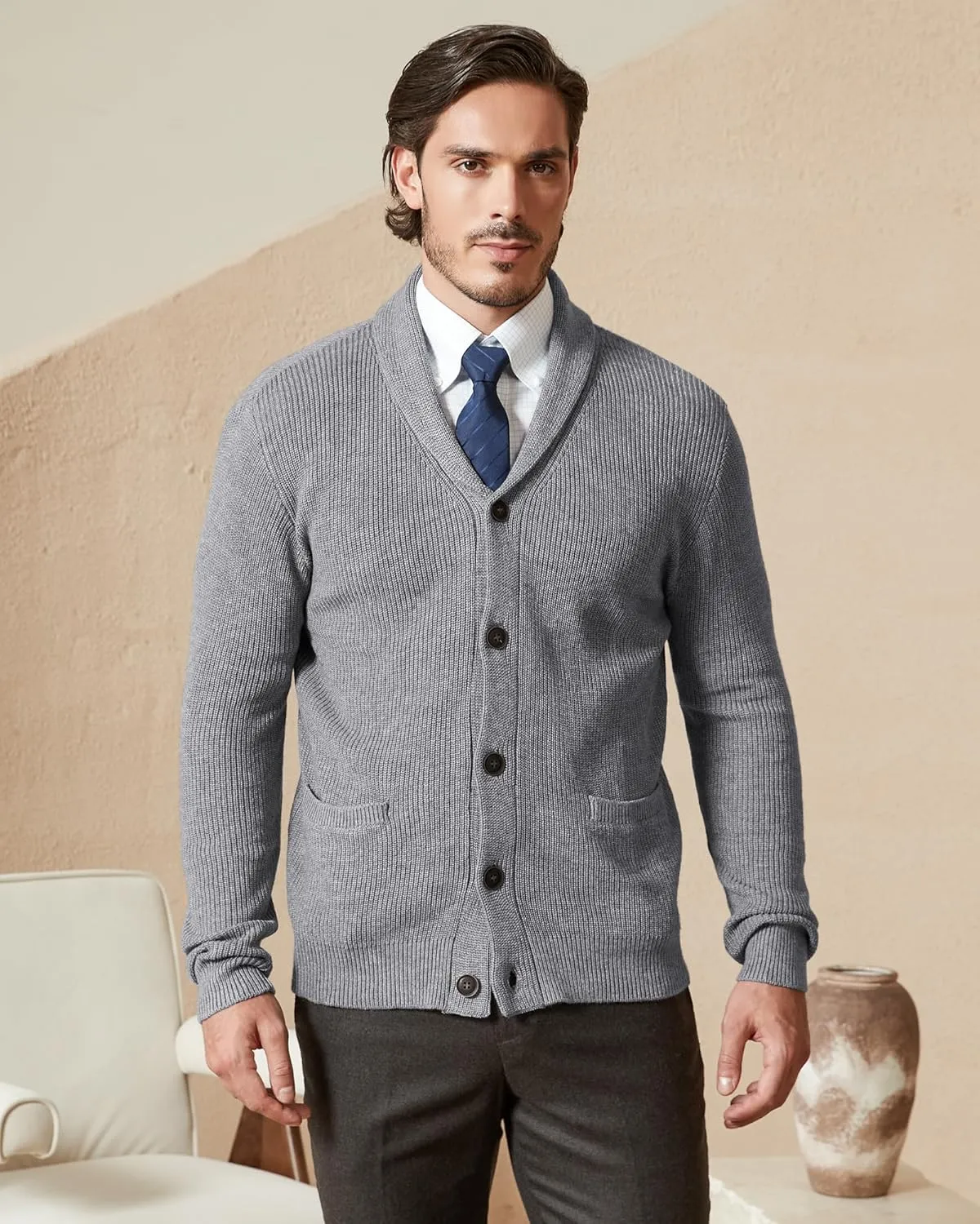 Kallspin Men's Wool Blend Shawl Collar Cardigan Sweater Button Down Knitwear with Pockets