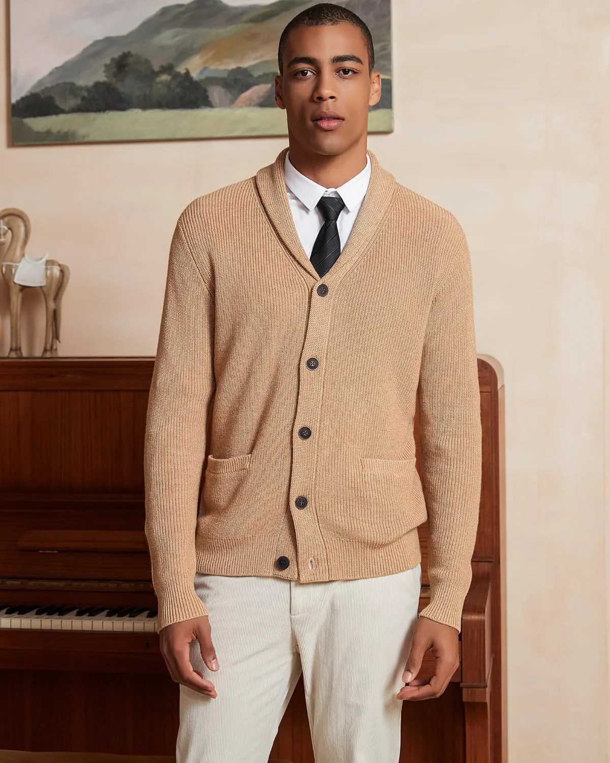 Kallspin Men's Wool Blend Shawl Collar Cardigan Sweater Button Down Knitwear with Pockets
