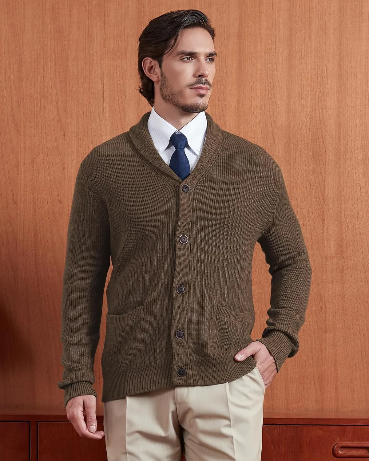 Kallspin Men's Wool Blend Shawl Collar Cardigan Sweater Button Down Knitwear with Pockets