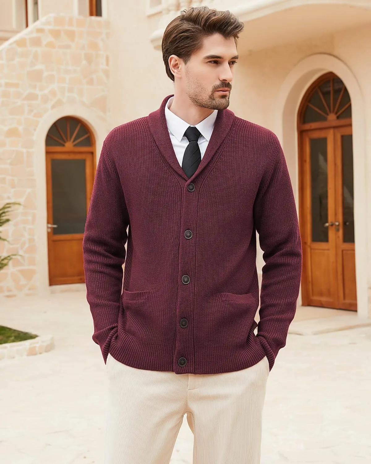 Kallspin Men's Wool Blend Shawl Collar Cardigan Sweater Button Down Knitwear with Pockets