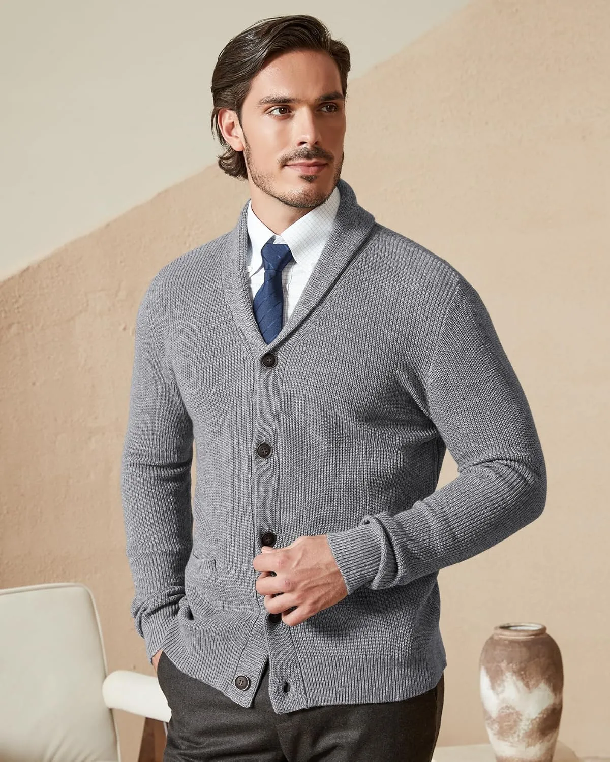 Kallspin Men's Wool Blend Shawl Collar Cardigan Sweater Button Down Knitwear with Pockets