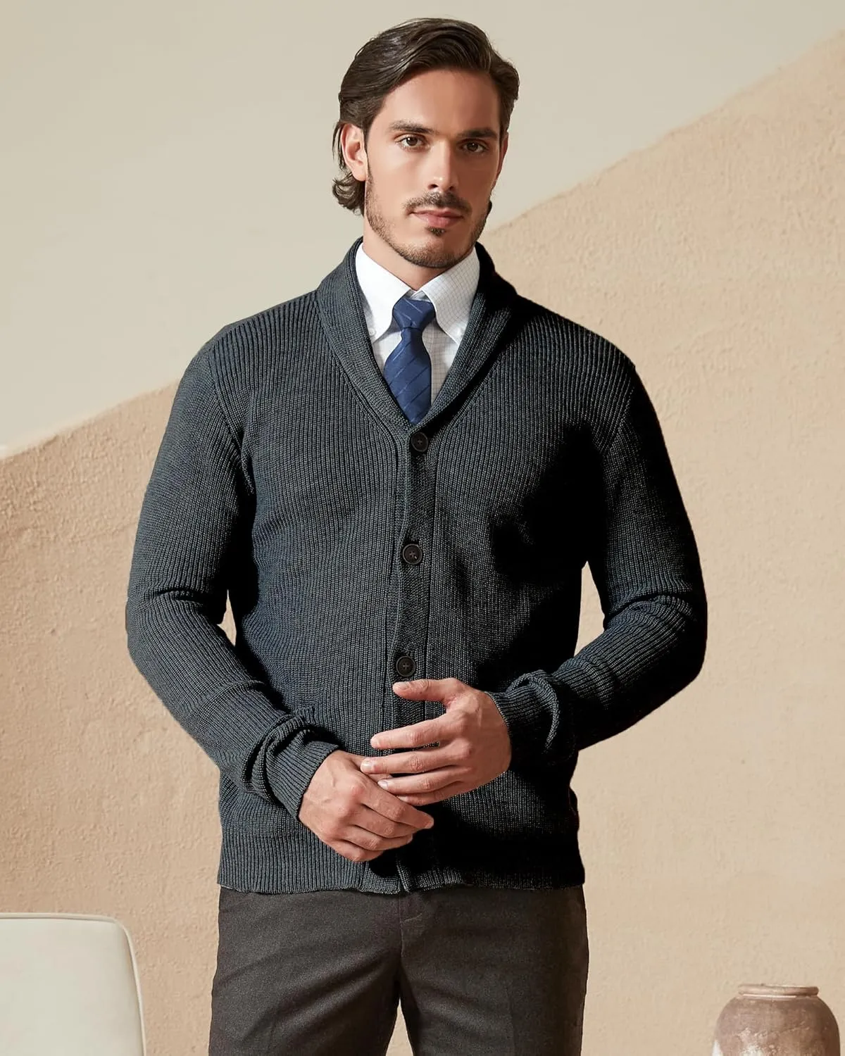 Kallspin Men's Wool Blend Shawl Collar Cardigan Sweater Button Down Knitwear with Pockets