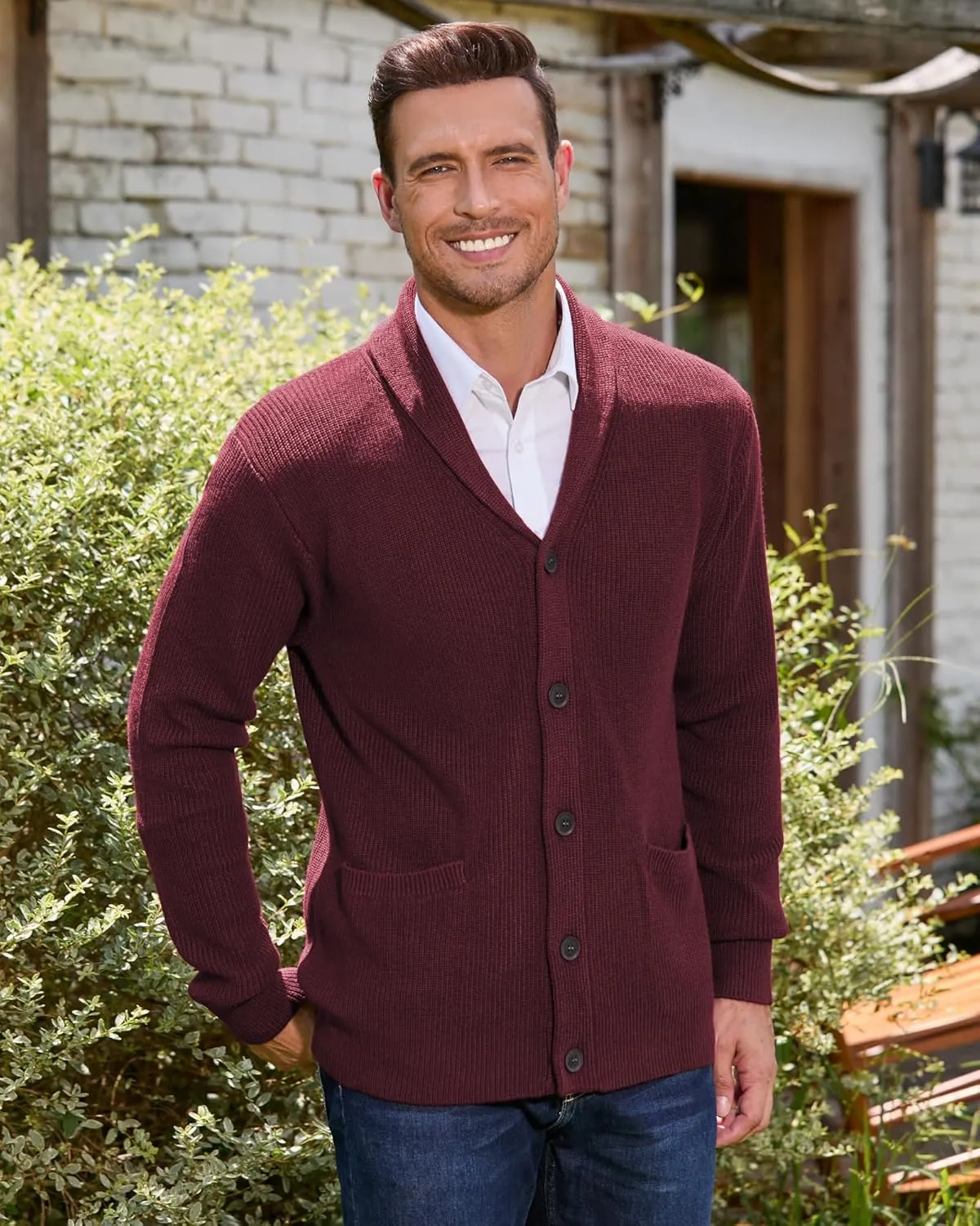 Kallspin Men's Wool Blend Shawl Collar Cardigan Sweater Button Down Knitwear with Pockets