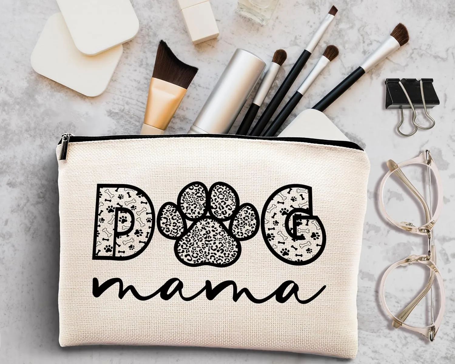 Kdqua Dog Mom Linen Cosmetic Bag Zipper Pouch Travel Toiletry Bag