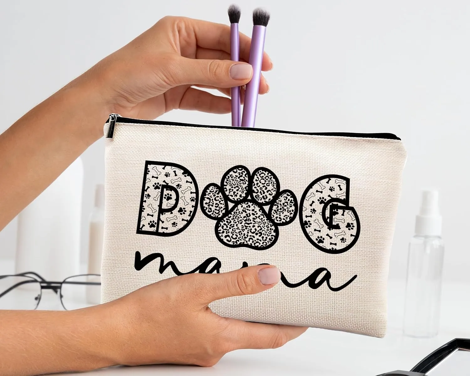 Kdqua Dog Mom Linen Cosmetic Bag Zipper Pouch Travel Toiletry Bag
