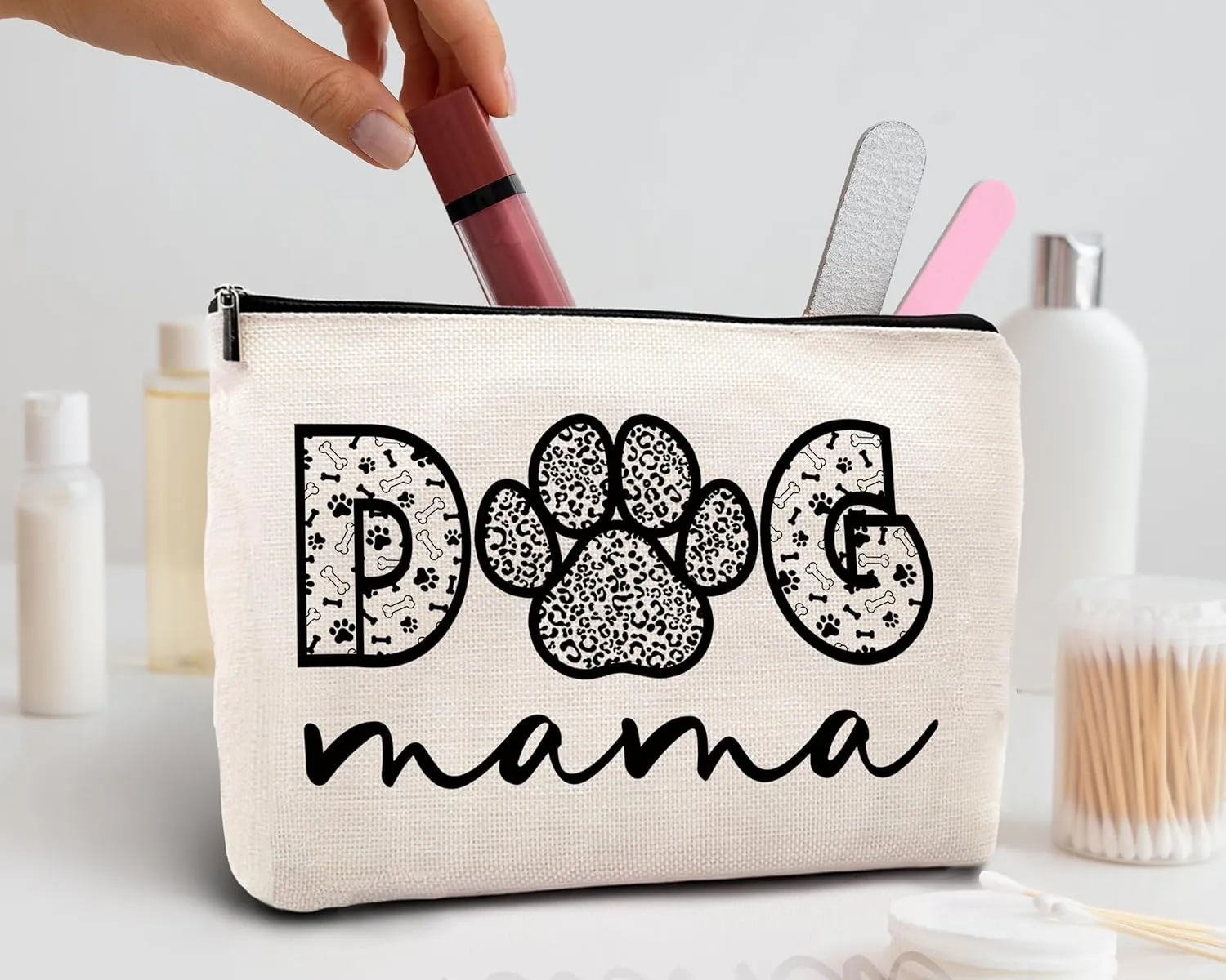 Kdqua Dog Mom Linen Cosmetic Bag Zipper Pouch Travel Toiletry Bag