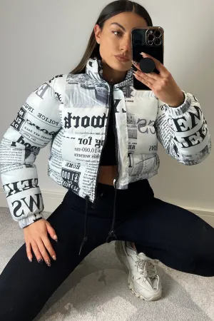 Kennedy White Newspaper Print Cropped Puffer Jacket