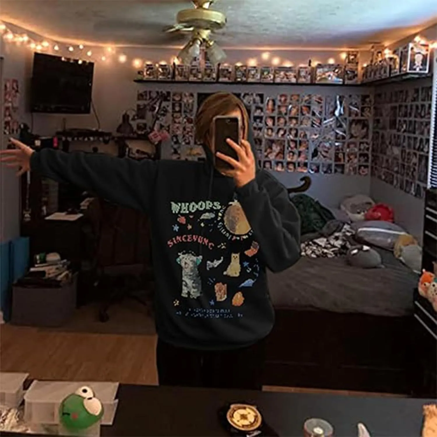 KIEKIECOO Oversized Graphic Cute Hoodies for Teen Girls With Designs Women Cat Aesthetic Sweatshirts Funny Cartoon Pullover