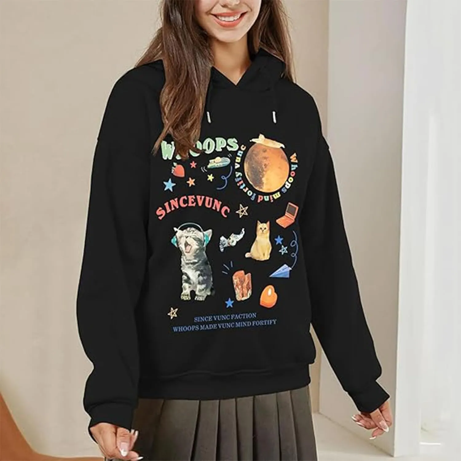 KIEKIECOO Oversized Graphic Cute Hoodies for Teen Girls With Designs Women Cat Aesthetic Sweatshirts Funny Cartoon Pullover