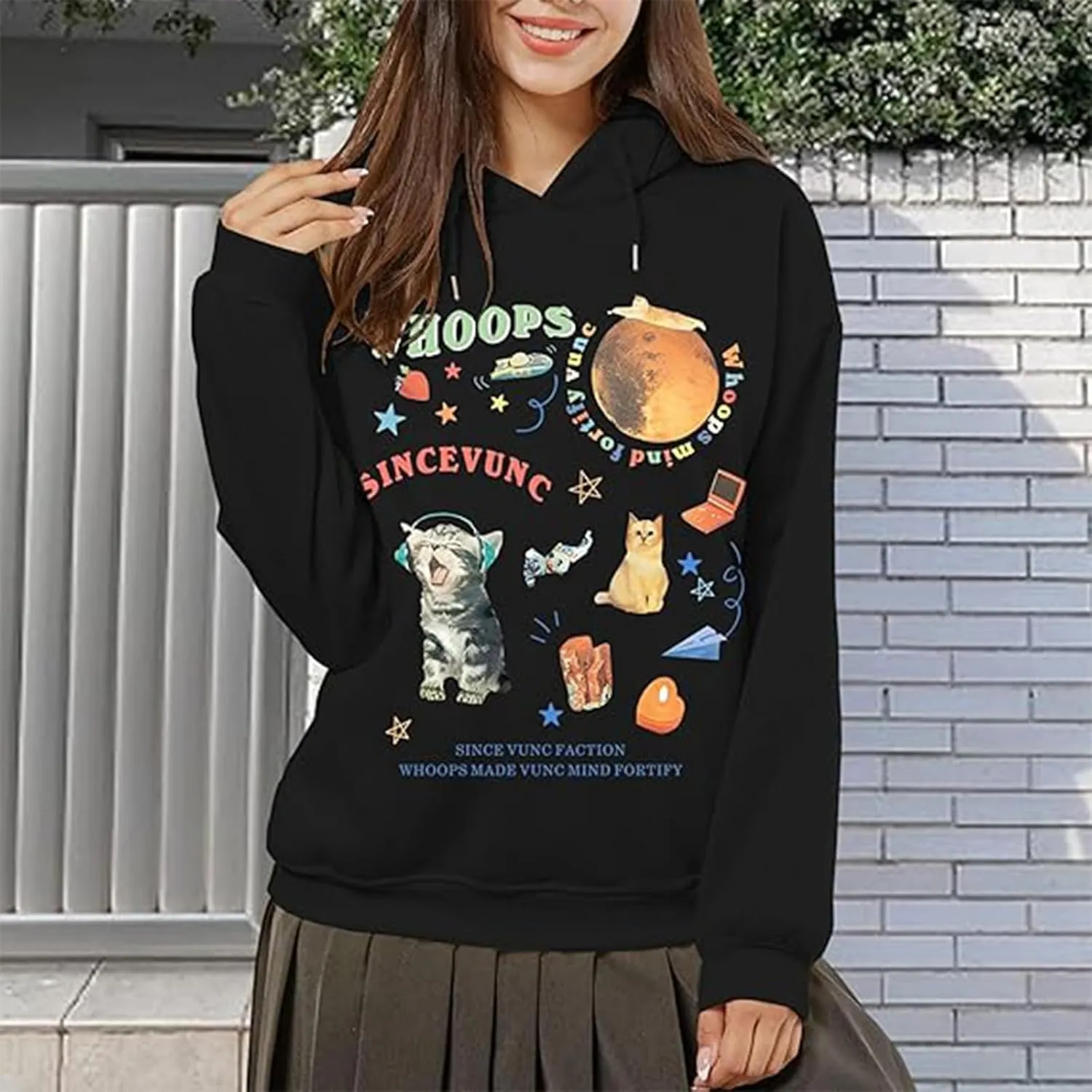 KIEKIECOO Oversized Graphic Cute Hoodies for Teen Girls With Designs Women Cat Aesthetic Sweatshirts Funny Cartoon Pullover