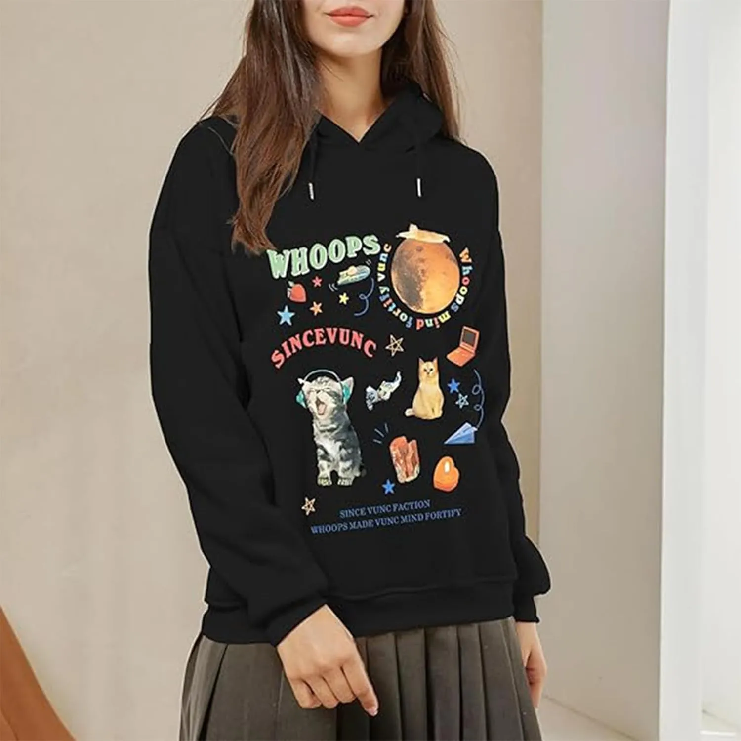 KIEKIECOO Oversized Graphic Cute Hoodies for Teen Girls With Designs Women Cat Aesthetic Sweatshirts Funny Cartoon Pullover