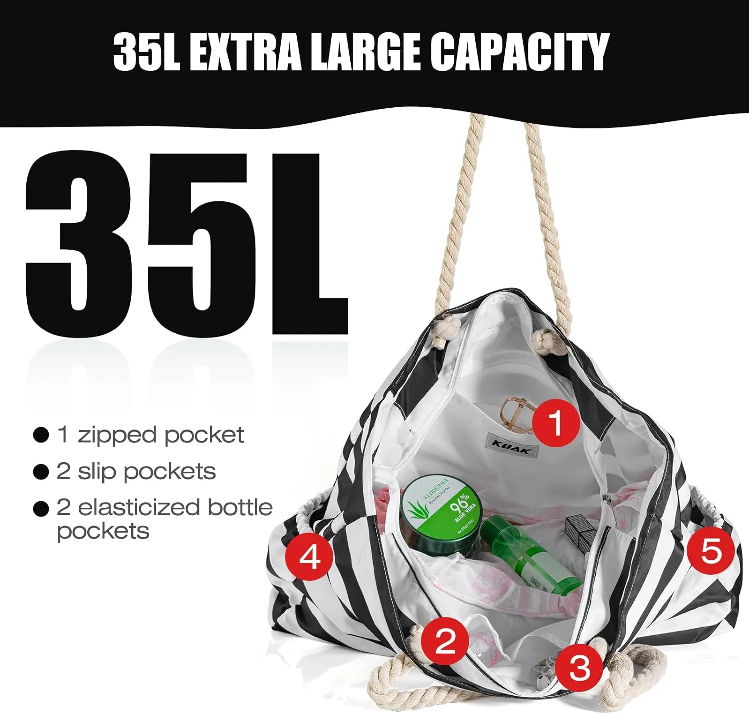 KUAK Beach Bag, Large Beach Bags for Women Waterproof Sandproof Beach Tote Bag with Zipper and Pockets for Pool Family