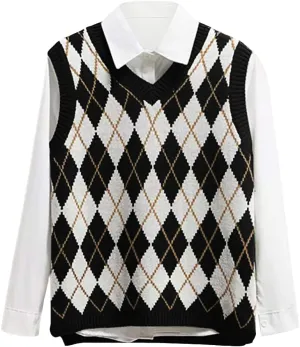 Lailezou Women's V Neck Knit Sweater Vest Argyle Plaid Preppy Style Sleeveless Crop Knitwear Tank