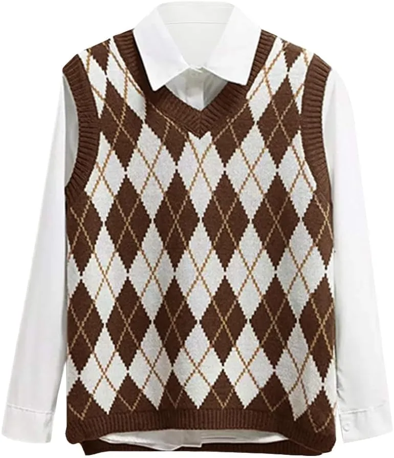 Lailezou Women's V Neck Knit Sweater Vest Argyle Plaid Preppy Style Sleeveless Crop Knitwear Tank