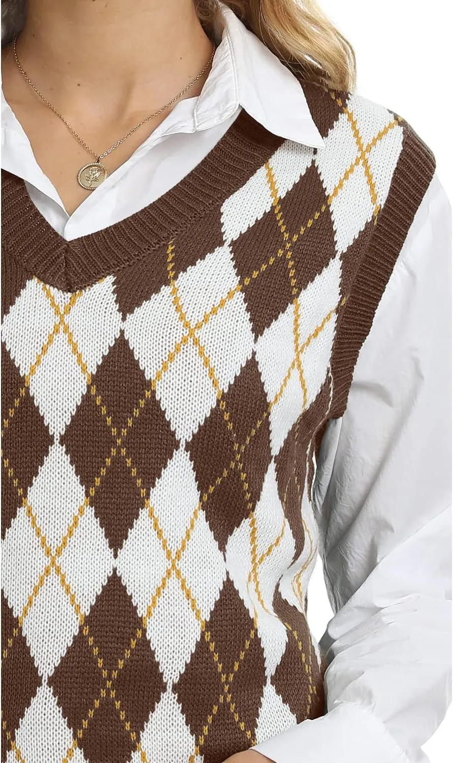 Lailezou Women's V Neck Knit Sweater Vest Argyle Plaid Preppy Style Sleeveless Crop Knitwear Tank