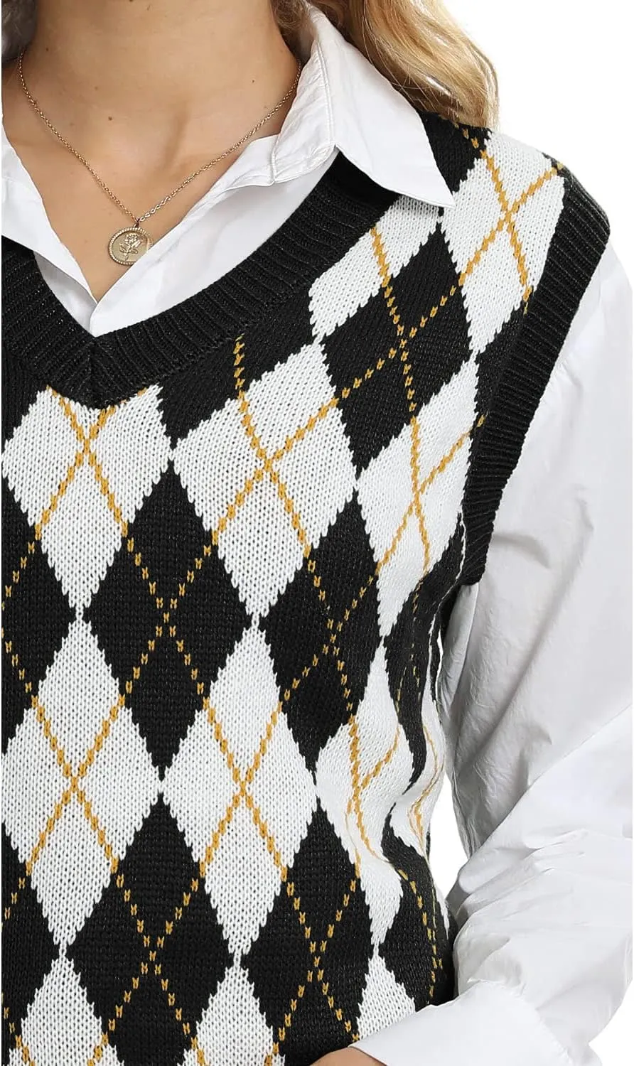 Lailezou Women's V Neck Knit Sweater Vest Argyle Plaid Preppy Style Sleeveless Crop Knitwear Tank