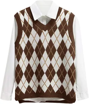 Lailezou Women's V Neck Knit Sweater Vest Argyle Plaid Preppy Style Sleeveless Crop Knitwear Tank