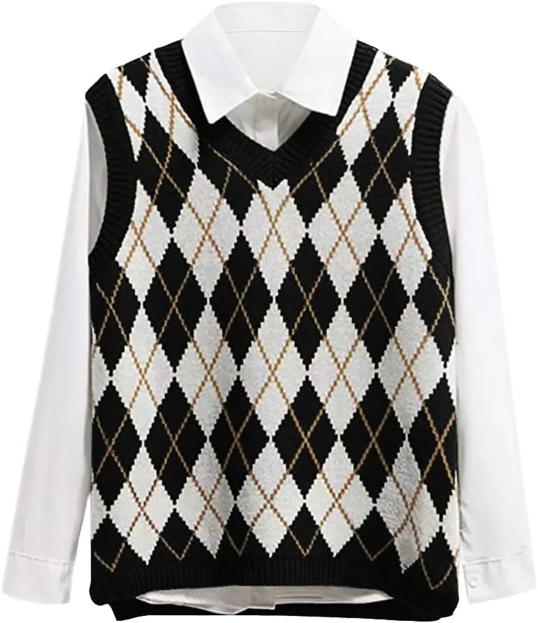 Lailezou Women's V Neck Knit Sweater Vest Argyle Plaid Preppy Style Sleeveless Crop Knitwear Tank