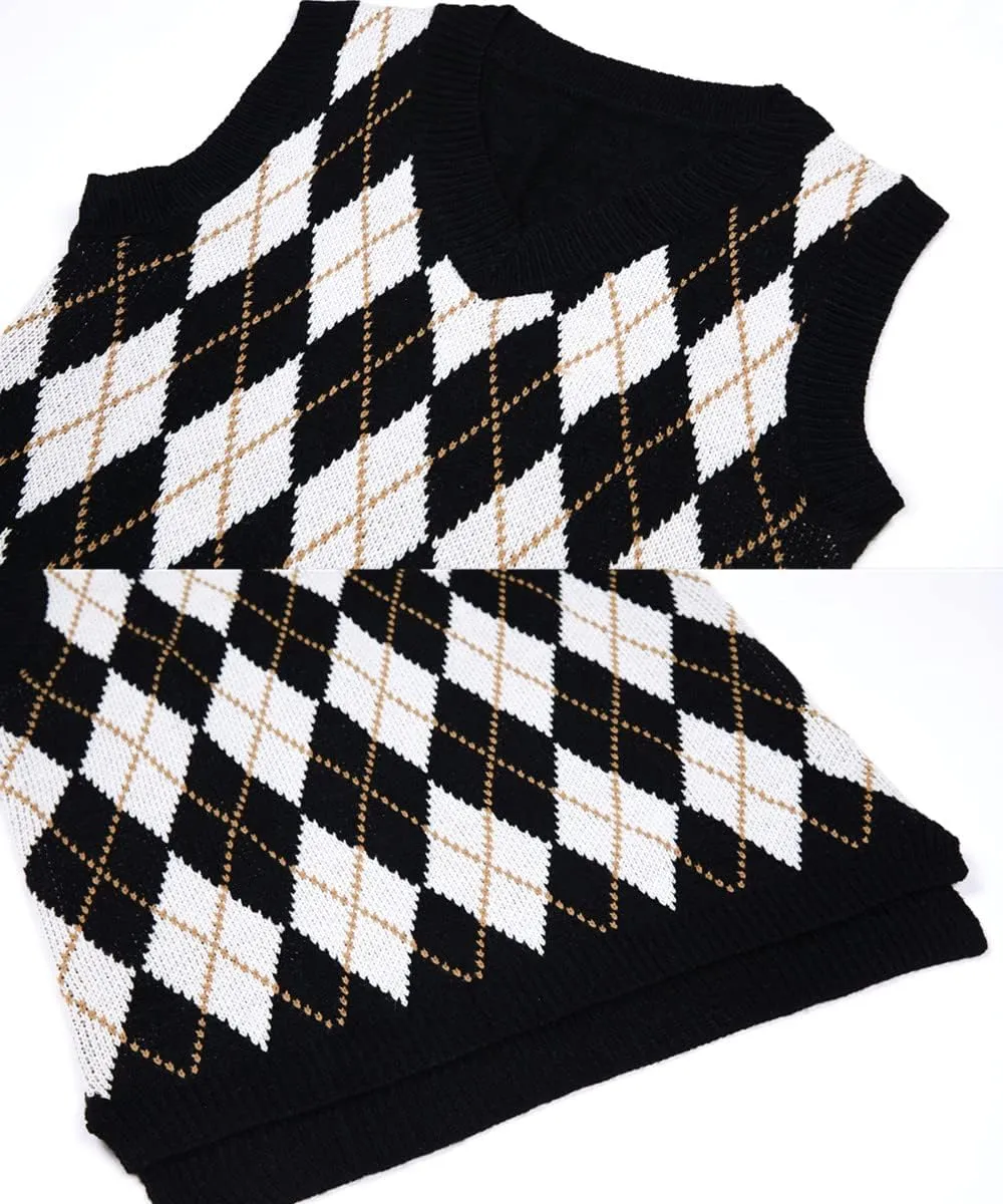 Lailezou Women's V Neck Knit Sweater Vest Argyle Plaid Preppy Style Sleeveless Crop Knitwear Tank