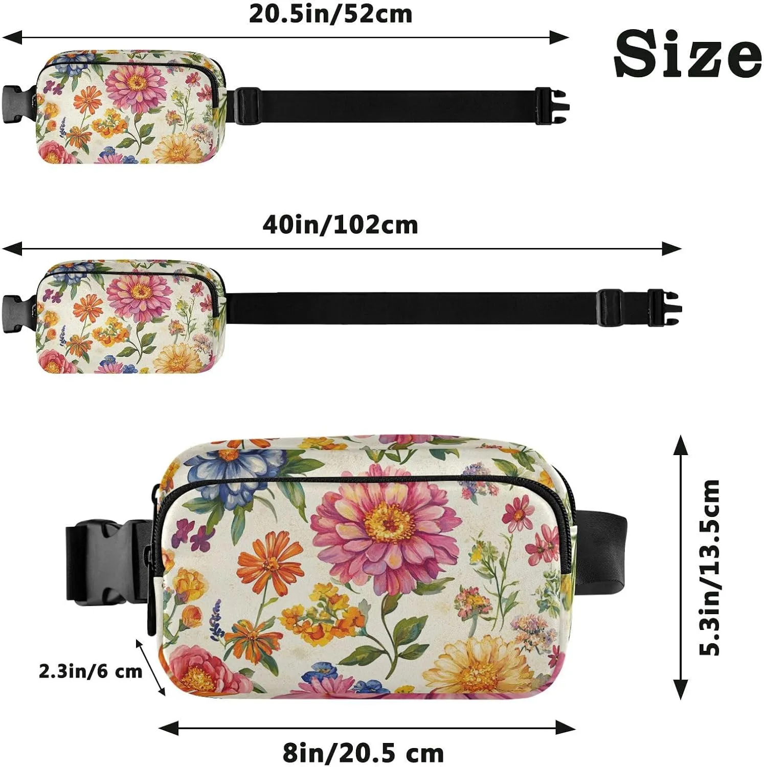Large Capacity Fanny Pack, Florals Rose Zinnia Canna Beige, Women Men Waist Packs, Crossbody Sport Bags Bum Bag Belt with Adjustable Strap for Travel Running Hiking