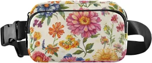 Large Capacity Fanny Pack, Florals Rose Zinnia Canna Beige, Women Men Waist Packs, Crossbody Sport Bags Bum Bag Belt with Adjustable Strap for Travel Running Hiking