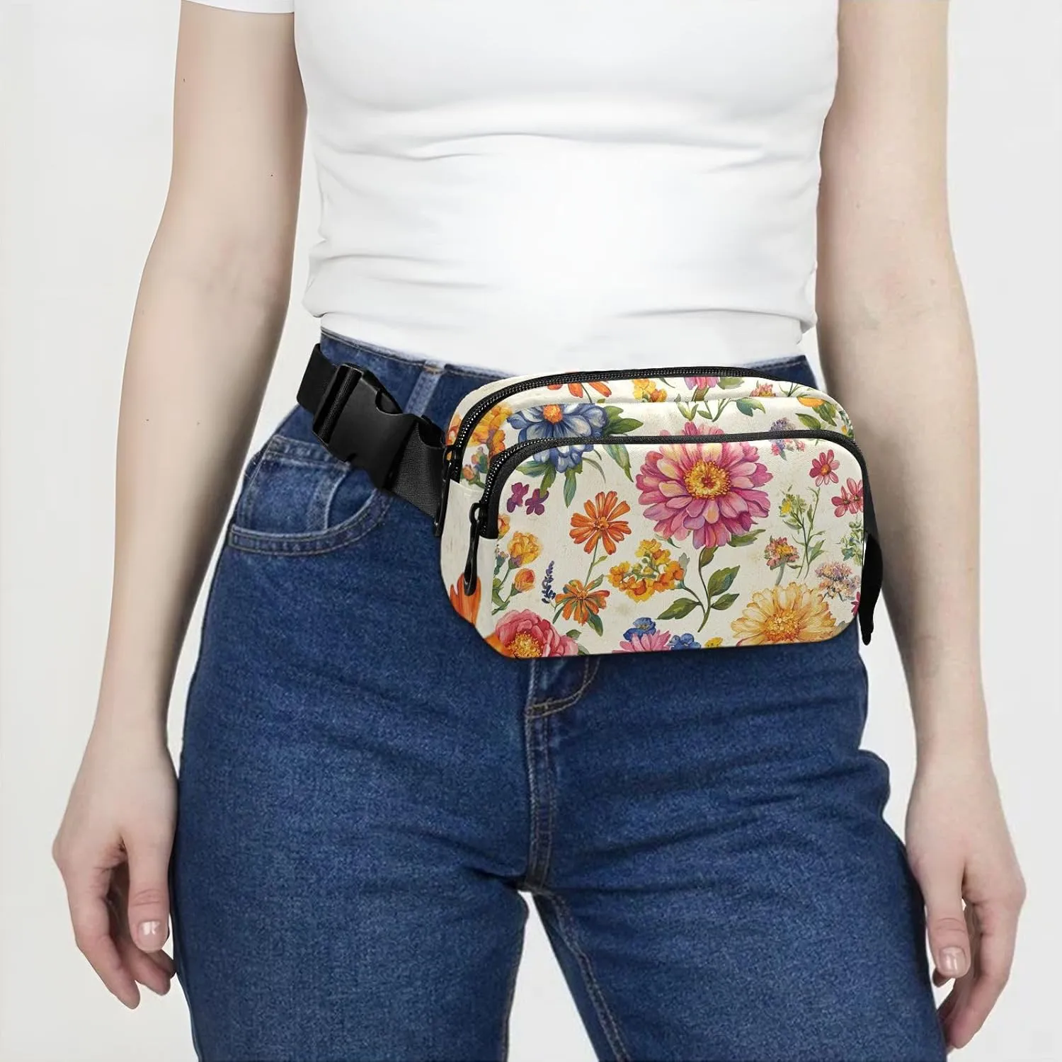 Large Capacity Fanny Pack, Florals Rose Zinnia Canna Beige, Women Men Waist Packs, Crossbody Sport Bags Bum Bag Belt with Adjustable Strap for Travel Running Hiking