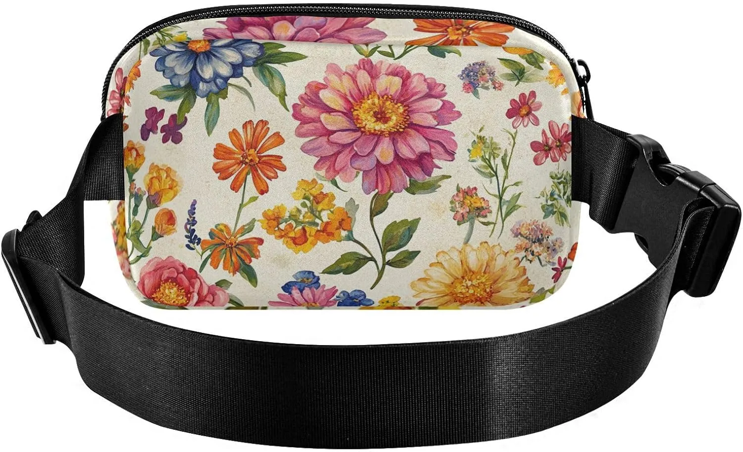 Large Capacity Fanny Pack, Florals Rose Zinnia Canna Beige, Women Men Waist Packs, Crossbody Sport Bags Bum Bag Belt with Adjustable Strap for Travel Running Hiking