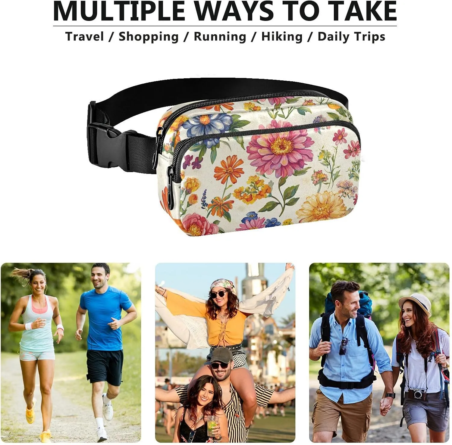 Large Capacity Fanny Pack, Florals Rose Zinnia Canna Beige, Women Men Waist Packs, Crossbody Sport Bags Bum Bag Belt with Adjustable Strap for Travel Running Hiking