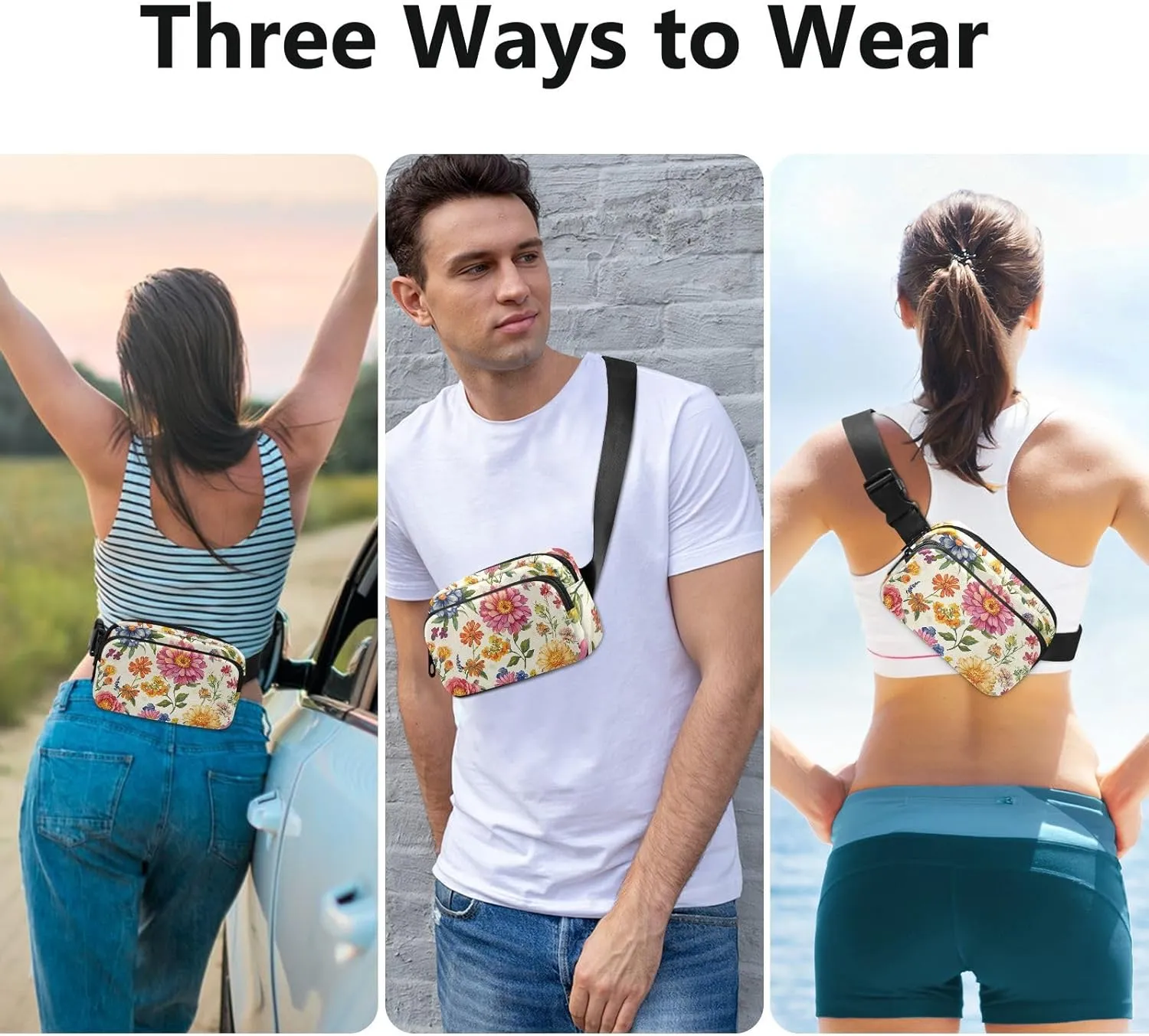 Large Capacity Fanny Pack, Florals Rose Zinnia Canna Beige, Women Men Waist Packs, Crossbody Sport Bags Bum Bag Belt with Adjustable Strap for Travel Running Hiking