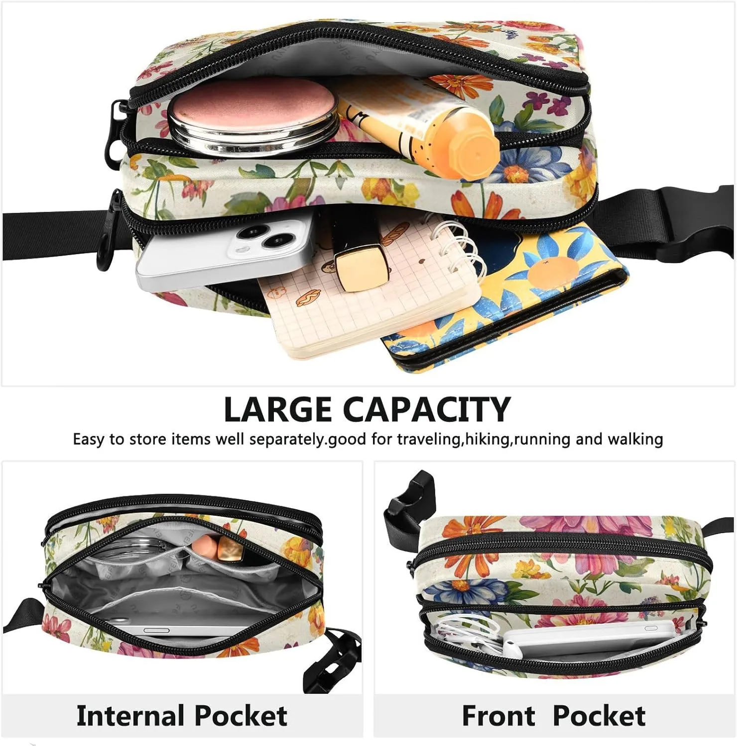 Large Capacity Fanny Pack, Florals Rose Zinnia Canna Beige, Women Men Waist Packs, Crossbody Sport Bags Bum Bag Belt with Adjustable Strap for Travel Running Hiking