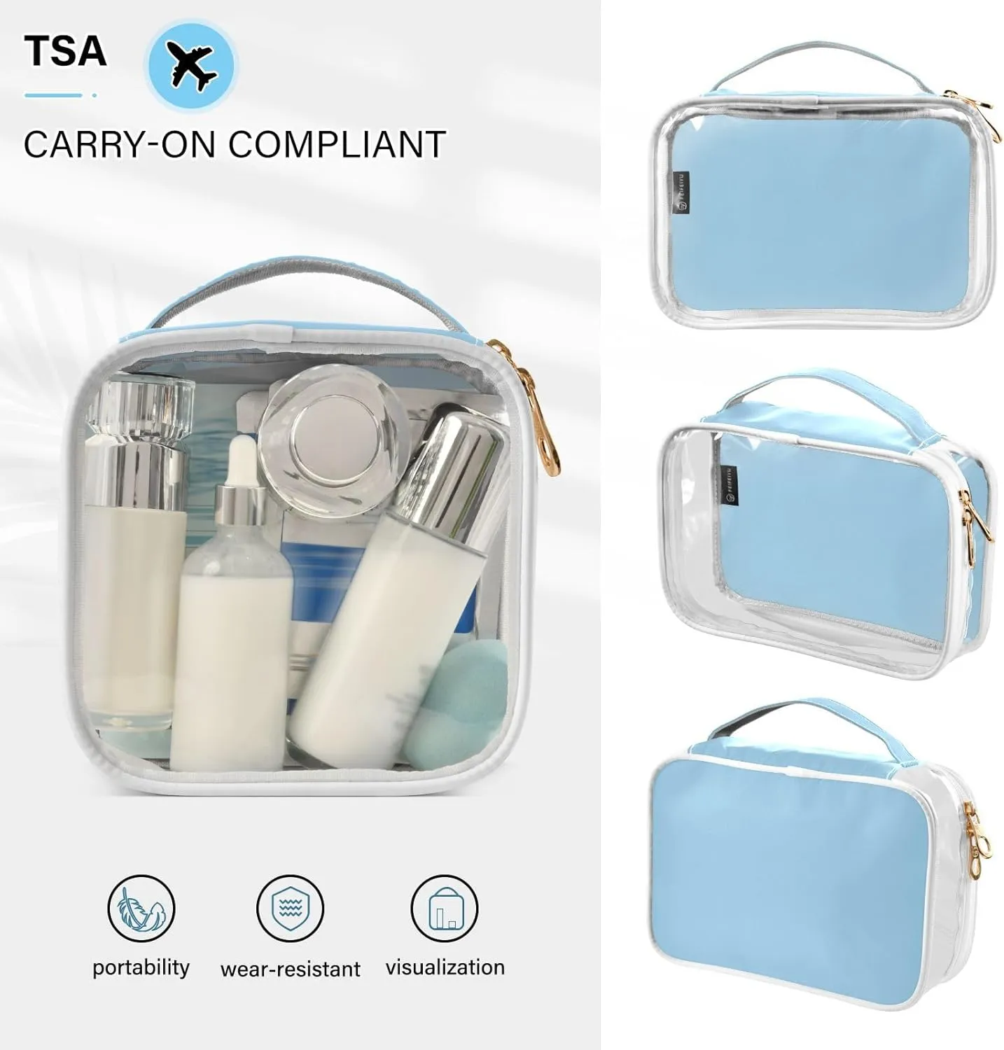 Light Blue Clear Makeup Bags TSA Approved Toiletry Bag for Women Men Cosmetic Bags with Zipper Carry On Airport Airline Compliant Bag Quart Size PVC Travel Bags for Toiletries Cosmetics, 2 Pack