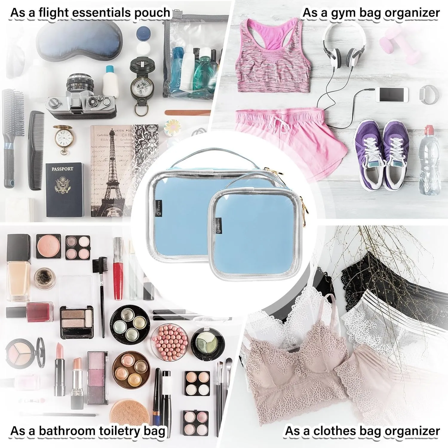 Light Blue Clear Makeup Bags TSA Approved Toiletry Bag for Women Men Cosmetic Bags with Zipper Carry On Airport Airline Compliant Bag Quart Size PVC Travel Bags for Toiletries Cosmetics, 2 Pack