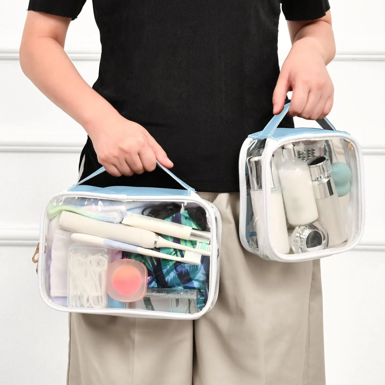 Light Blue Clear Makeup Bags TSA Approved Toiletry Bag for Women Men Cosmetic Bags with Zipper Carry On Airport Airline Compliant Bag Quart Size PVC Travel Bags for Toiletries Cosmetics, 2 Pack