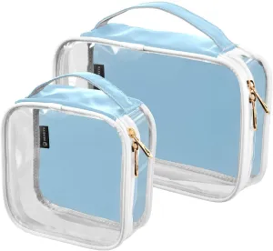 Light Blue Clear Makeup Bags TSA Approved Toiletry Bag for Women Men Cosmetic Bags with Zipper Carry On Airport Airline Compliant Bag Quart Size PVC Travel Bags for Toiletries Cosmetics, 2 Pack