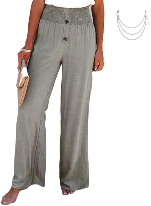 Linen Blend High Rise Smocked Pants, Summer Waisted Cotton Wide Leg Casual Sweat Boho Pants for Women