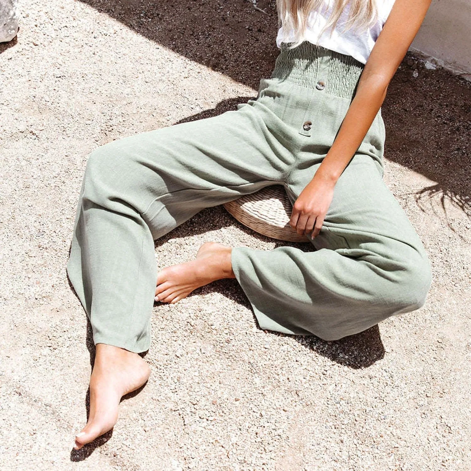 Linen Blend High Rise Smocked Pants, Summer Waisted Cotton Wide Leg Casual Sweat Boho Pants for Women