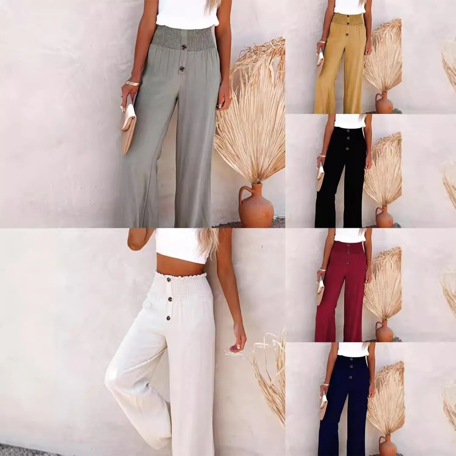 Linen Blend High Rise Smocked Pants, Summer Waisted Cotton Wide Leg Casual Sweat Boho Pants for Women