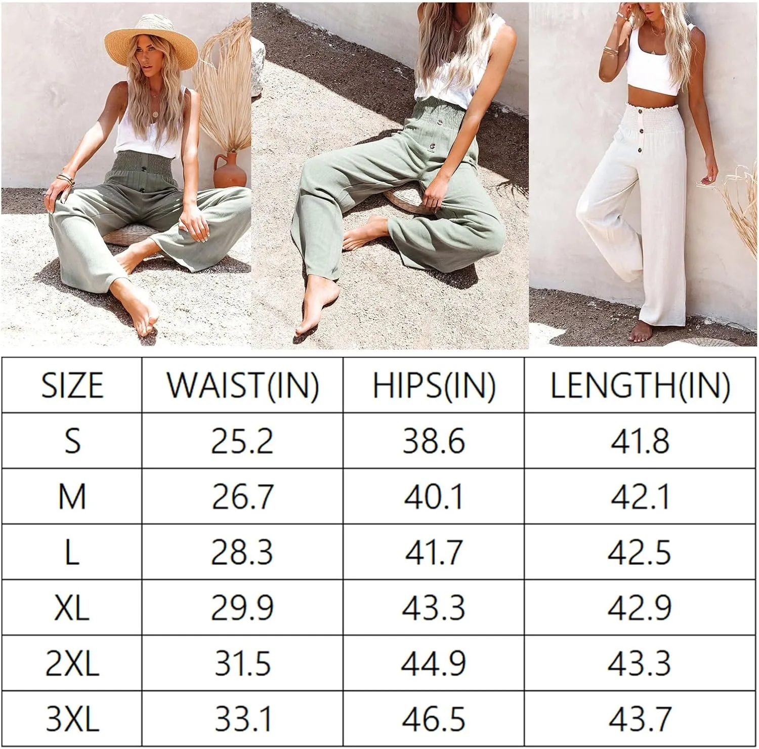 Linen Blend High Rise Smocked Pants, Summer Waisted Cotton Wide Leg Casual Sweat Boho Pants for Women